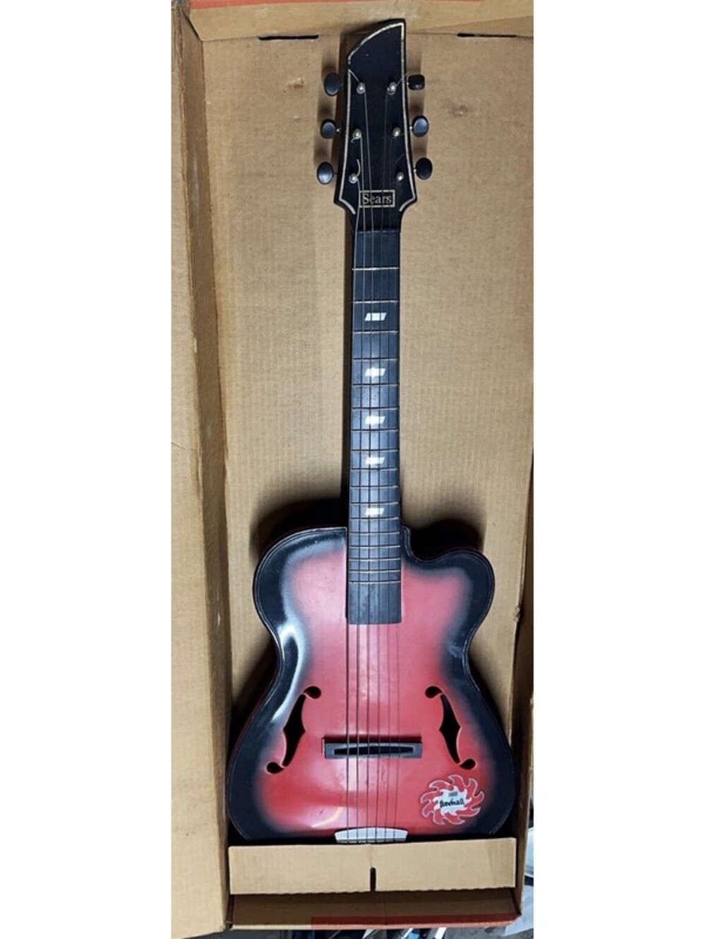 Vintage 1960s Sears Fireball Toy Guitar No. 1691 Red Sunburst Plastic W/ Box